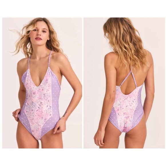 💕LOVESHACKFANCY💕 Shailee One-Piece Swimsuit ~ Purple Pansy Print Large L NWOT - Picture 1 of 14